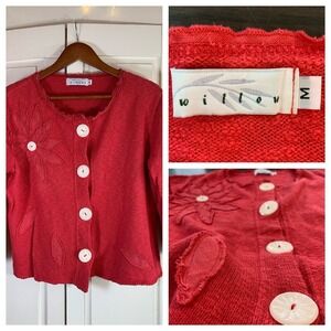 Willow Sweater Medium Pink Knit Cardigan Art to Wear Boutique Embellished Floral